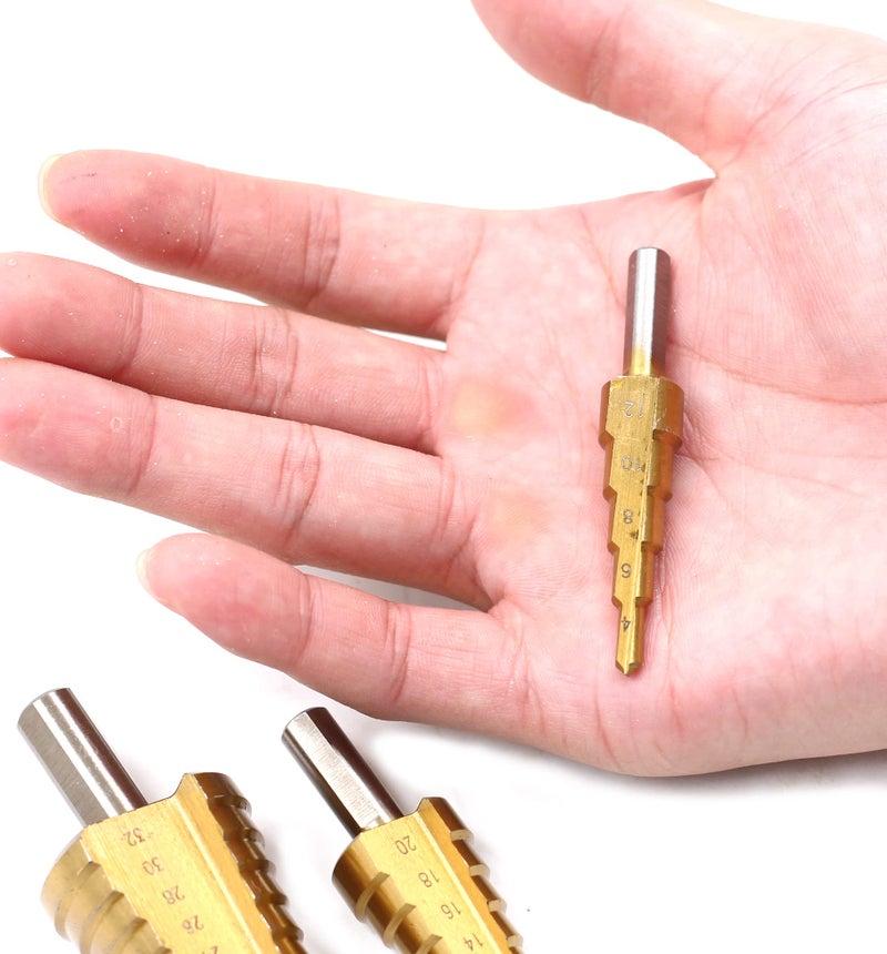 Chiloskit 3 Pcs HSS Step Drill Bit, High Speed Steel Titanium Coated Large Hole Step Bits for Metal Wood Plastic, 4-12/20/32mm - Image 3